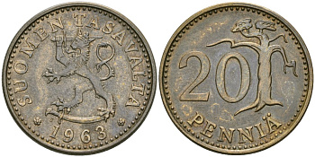 Финляндия 20 пенни 1963 KM 47 алюминиевая бронза 4579-223