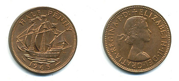 Великобритания 1/2 пенни 1963 Елизавета II (1952-2022) KM 896, Spink 4158 бронза 56-531