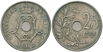 Бельгия 25 сантимов 1908 Belgie, Леопольд II (1865-1909) KM 63 медно-никель 113-422