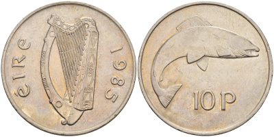 Ирландия 10 пенсов 1985 лосось KM 23 медно-никель XF-UNC 4583-411