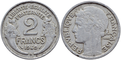Франция 2 франка 1949 В, тип Morlon KM 886а.2, Le Franc 269.15 алюминий 4397-754