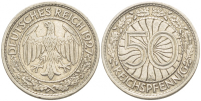 Германия 50 рейхспфеннигов 1927 A KM 49, J. 324 никель 4532-616