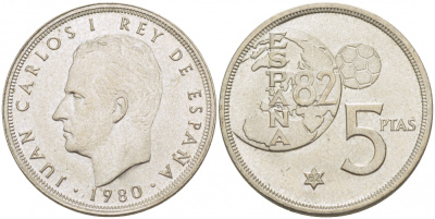 Испания 5 песет 1982 1982 ГОД, чемпионат мира по футболу Испания 82 KM 817 медно-никель 3457-723