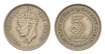 Британская Малайя 5 центов 1950 Георг VI (1936-1952) KM 7 медно-никель 4636-133