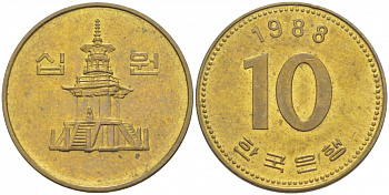 Южная Корея 10 вон 1988 пагода дворца Пул Гук KM 33.1 латунь UNC 212-1117