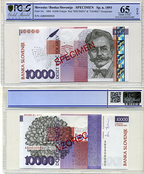 Словения 10000 толаров 2000 Иван Цанкар (1876-1918), Specimen, образец, в слабе PCGS 65 Gem UNC Pick 24s бумага UNC (пресс) 452-1-36
