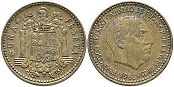 ИСПАНИЯ 1 ПЕСЕТА 1963 (65) ФРАНСИСКО ФРАНКО ДИКТАТОР ИСПАНИИ (1939-1975) KM 775 алюминиевая бронза 110-1143