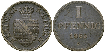 Саксен-Альтенбург 1 пфенниг 1865 В, Эрнст I Саксен-Альтенбургский (1853-1908) KM 14b, AKS 63 медь    99-627