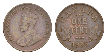 Канада 1 цент 1925 Георг V (1910-1936), редкий год - 1.000.622 экземпляров KM 28 бронза 1518-1435