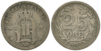 Швеция 25 эре 1897 EB, Оскар II (1872-1907) KM 739 серебро 44-142