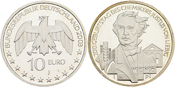ФРГ 10 евро 2003 J, 200 лет со дня рождения Юстуса фон Либиха KM 222, DE.S. 10.7 серебро PROOF 1076-3-23
