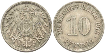 ГЕРМАНИЯ 10 ПФЕННИГОВ 1912 D KM 12, J. 13 медно-никель 210-657