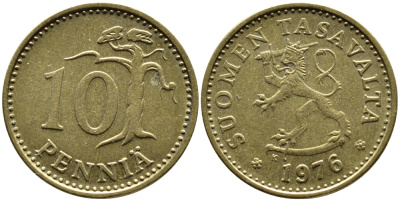 ФИНЛЯНДИЯ 10 ПЕННИ 1976 K KM 46 алюминиевая бронза 76-111