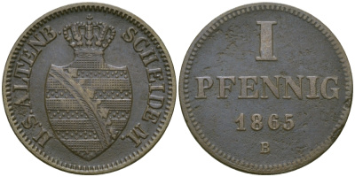 Саксен-Альтенбург 1 пфенниг 1865 В, Эрнст I Саксен-Альтенбургский (1853-1908) KM 14b, AKS 63 медь    99-627