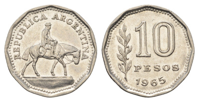 Аргентина 10 песо 1965 Гауч KM 60 сталь плакированная никелем 4663-654