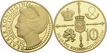 НИДЕРЛАНДЫ МЕДАЛЬ ND 10 ФЛОРИНОВ, КОРОЛЕВА БЕАТРИКС, 30 ЛЕТ ПРАВЛЕНИЯ, ПОЗОЛОТА бронза PROOF 1087-1-45