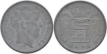 БЕЛЬГИЯ 5 ФРАНКОВ 1941 BELGES, ГЕРМАНСКАЯ ОККУПАЦИЯ, ВТОРАЯ МИРОВАЯ ВОЙНА KM 129.1 цинк 68-237