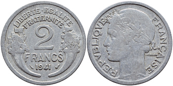 ФРАНЦИЯ 2 ФРАНКА 1941 KM 886а.1 алюминий 4397-733