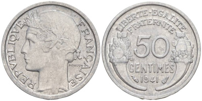 ФРАНЦИЯ 50 САНТИМОВ 1941 ТИП MORLON LOURDE KM 894.1a, LE FRANC 193.2 алюминий 44-227