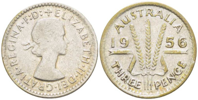 Австралия 3 пенса 1956 m, Елизавета II (1953-) KM 57 серебро 4516-149