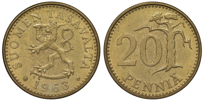 Финляндия 20 пенни 1963 KM 47 алюминиевая бронза 4681-121