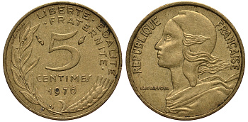 ФРАНЦИЯ 5 САНТИМОВ 1976 ТИП MARIANNE KM 933, LE FRANC 125.12 алюминиевая бронза VF 4181-169