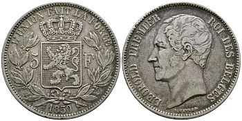 Бельгия 5 франков 1850 Леопольд I (1831-1865) KM 17 серебро 00-1067-9-34