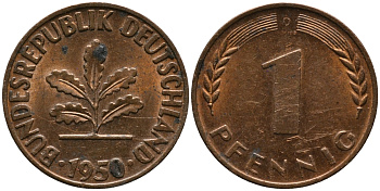 ФРГ 1 ПФЕННИГ 1950 D KM 105, J.380 сталь плакированная медью 96-1057