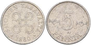 Финляндия 5 пенни 1980  KM 45a алюминий    4189-115