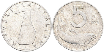 Италия 5 лир 1973 R, плуг, дельфин KM 92 алюминий 4549-421