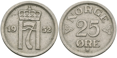 НОРВЕГИЯ 25 ЭРЕ 1952 KM 401 медно-никель 84-928