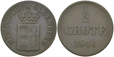 Ольденбург 1/2 гротена 1846 KM 175(С44) медь 99-852