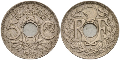 Франция 5 сантимов 1919 тип Линдайё KM 865, Le Franc 121.3 медно-никель 4596-444
