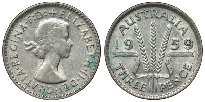 Австралия 3 пенса 1959 m, Елизавета II (1952-2022) KM 57 серебро 71-613