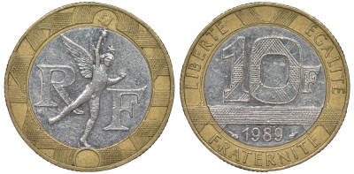 Франция 10 франков 1989 тип гений Бастилии KM 964.1, Le Franc 375.3 биметалл  45-642