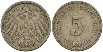 Германия 5 пфеннигов 1890 A J.12  KM 11 медно-никель    4598-1013