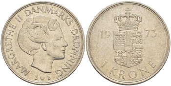 ДАНИЯ 1 КРОНА 1973 S; B, МАРГРЕТЕ II (1972-) KM 862.1 медно-никель 4388-142