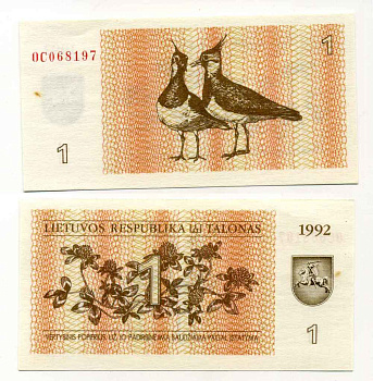 ЛИТВА 1 ТАЛОН 1992 ПТИЧКИ ЧИБИСЫ Pick 39, Сергеев 31 бумага аUNC 8595-1-3-2