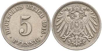 Германия 5 пфеннигов 1915 D KM 11, J. 12 медно-никель 4151-555