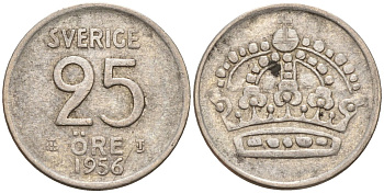 Швеция 25 эре 1956 TS, Густав VI Адольф (1950-1973) KM 824 серебро 4147-1048