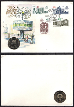 ГДР 5 марок 1987 750 лет Берлину, Александрплац, в конверте с маркой (КПД - Конверт первого дня Гашения) KM 116 медь цинк никель UNC 9000-49
