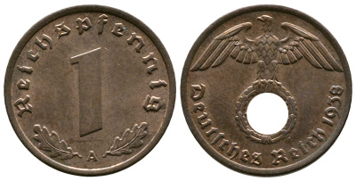 Германия 1 рейхспфенниг 1938 A KM 89, J. 361 бронза    220-267