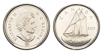 Канада 10 центов 2012 Leaf, Елизавета II (1952-2022), парусник KM 492 сталь плакированная никелем UNC 4636-653