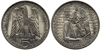 ФРГ 5 МАРОК 1980 D, 750 ЛЕТ СО ДНЯ СМЕРТИ ВАЛЬТЕРА фон дер ФОГЕЛЬВЕЙДЕ KM 152, J. 427 медно-никель плакированный никелем UNC 1520-1335