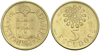Португалия 5 эскудо 1991 KM 632 никель латунь 4148-455