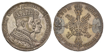 Пруссия 1 талер 1861 Коронация Вильгельма I и Августы KM 488, Daveenport 778, AKS 116 серебро 1521-233