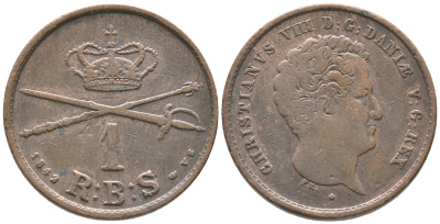 Дания 1 риксбанкскиллинг 1842 VS, Кристиан VIII (1839-1848) KM 726.2 (С120.2) медь 34-542