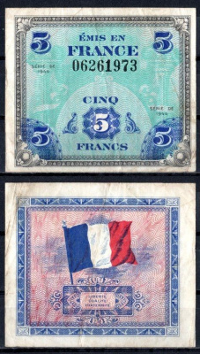 Франция 5 франков 1944 Pick 115 бумага 7183-30-2-2