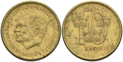 Швеция 10 крон 1991 D, Карл XVI Густав (1973- ) KM 877 медь алюминий цинк 4592-144