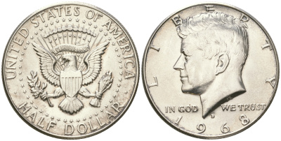 США 1/2 доллара (50 центов) 1968 D, Джон Кеннеди KM 202a серебро  UNC  4178-1042